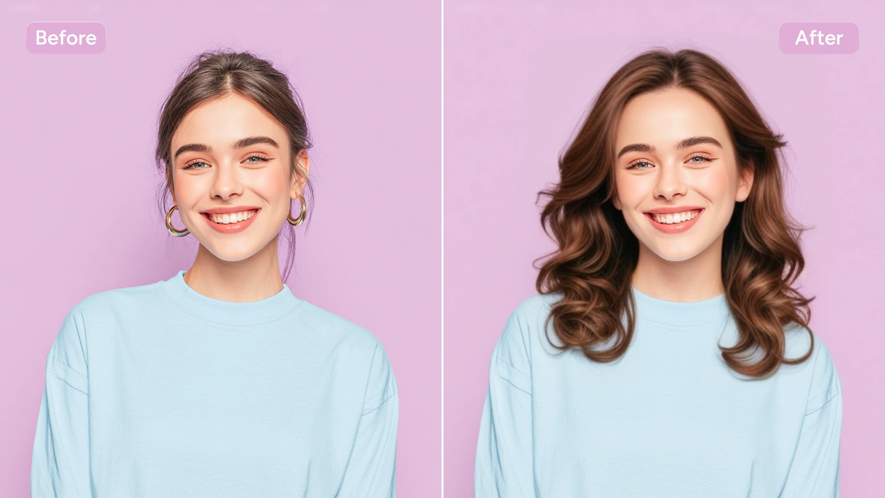 before and after comparison of changing the girl's blue turtleneck sweater into a strapless dress in aiease hair style changer