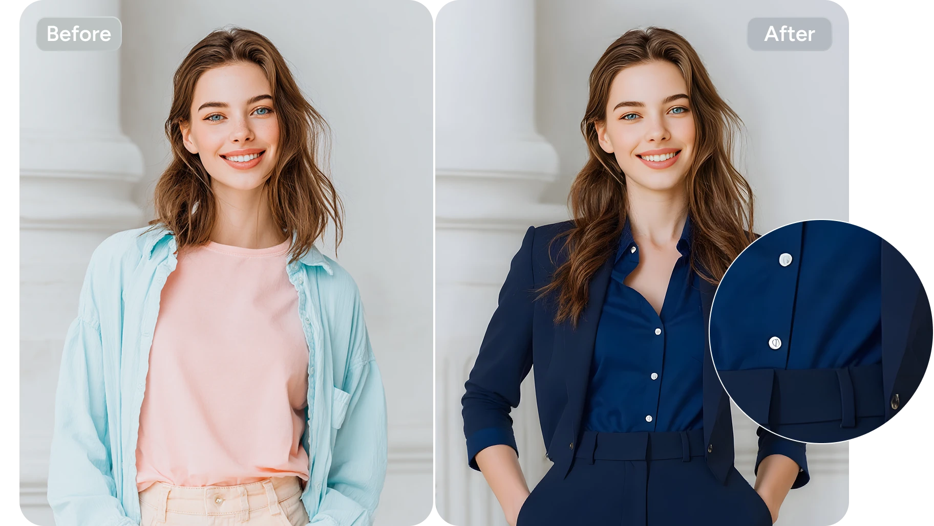 before and after comparison of changing the girl's blue turtleneck sweater into a strapless dress in aiease clothes changer
