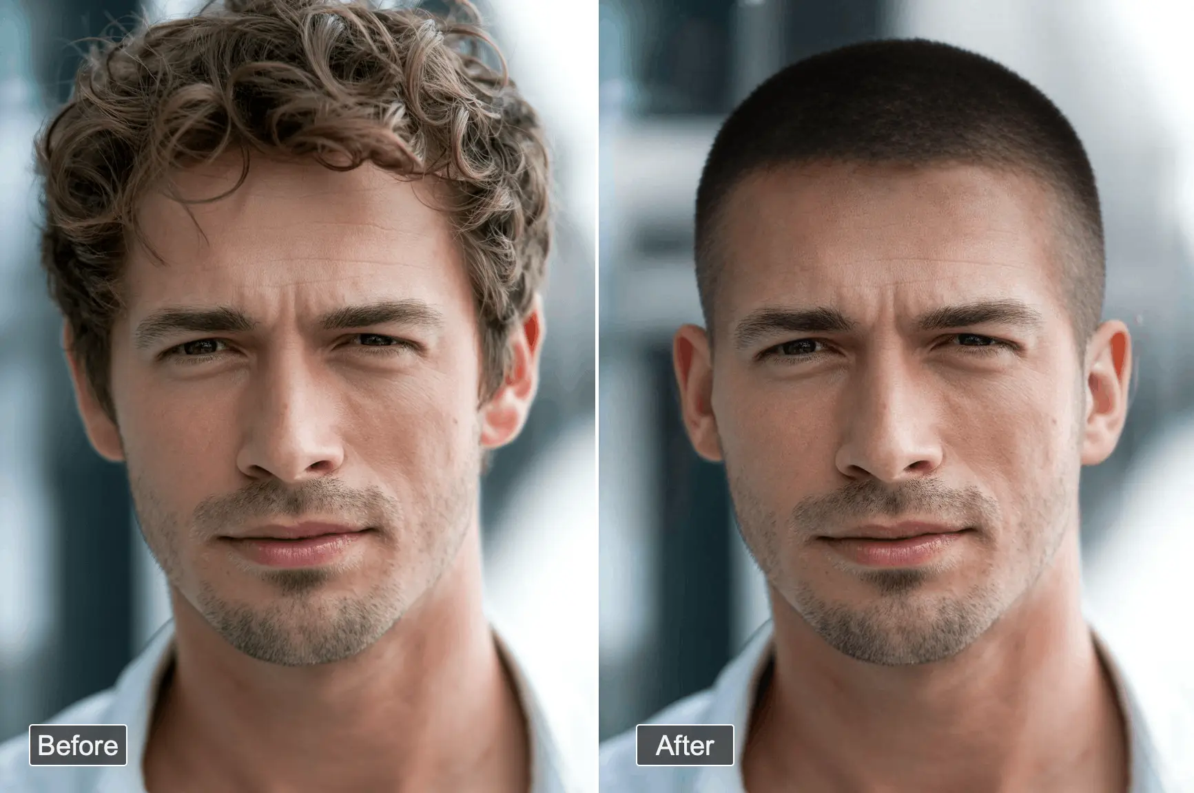 before and after effect of changeing the man's white sweater into a linen suit in aiease hair style changer