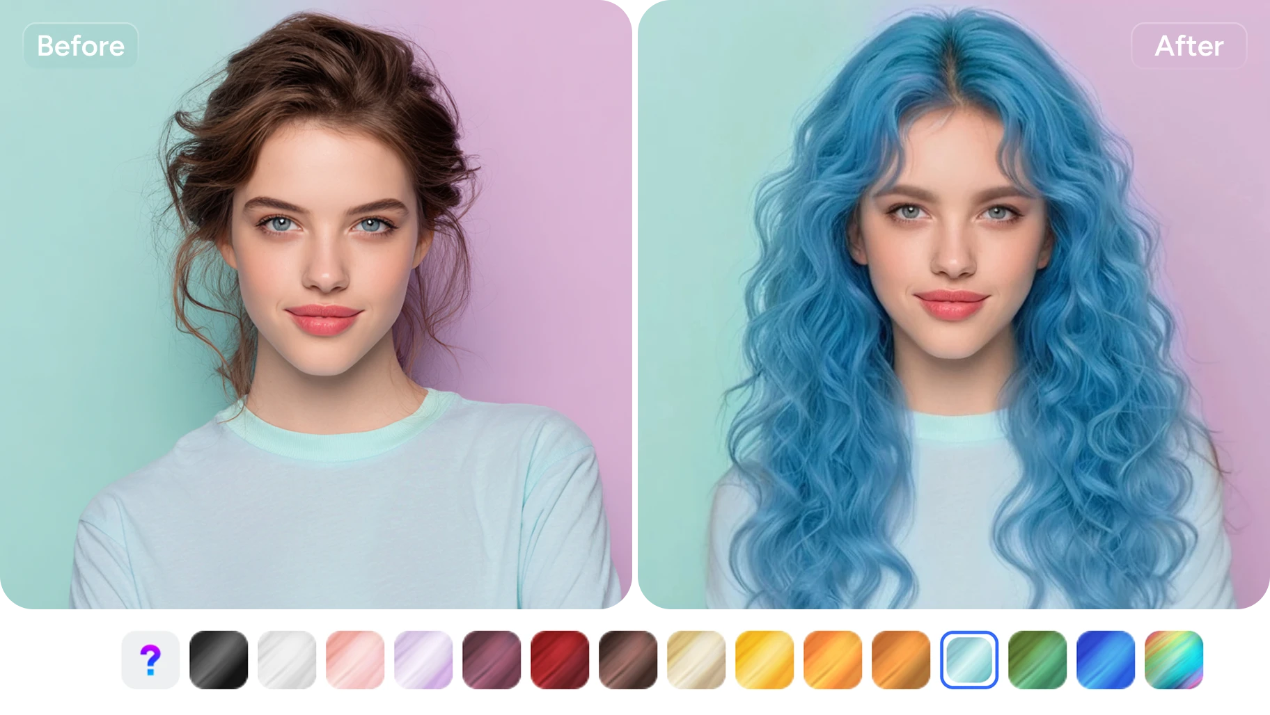 before and after comparison of changing the girl's blue turtleneck sweater into a strapless dress in aiease hair style changer