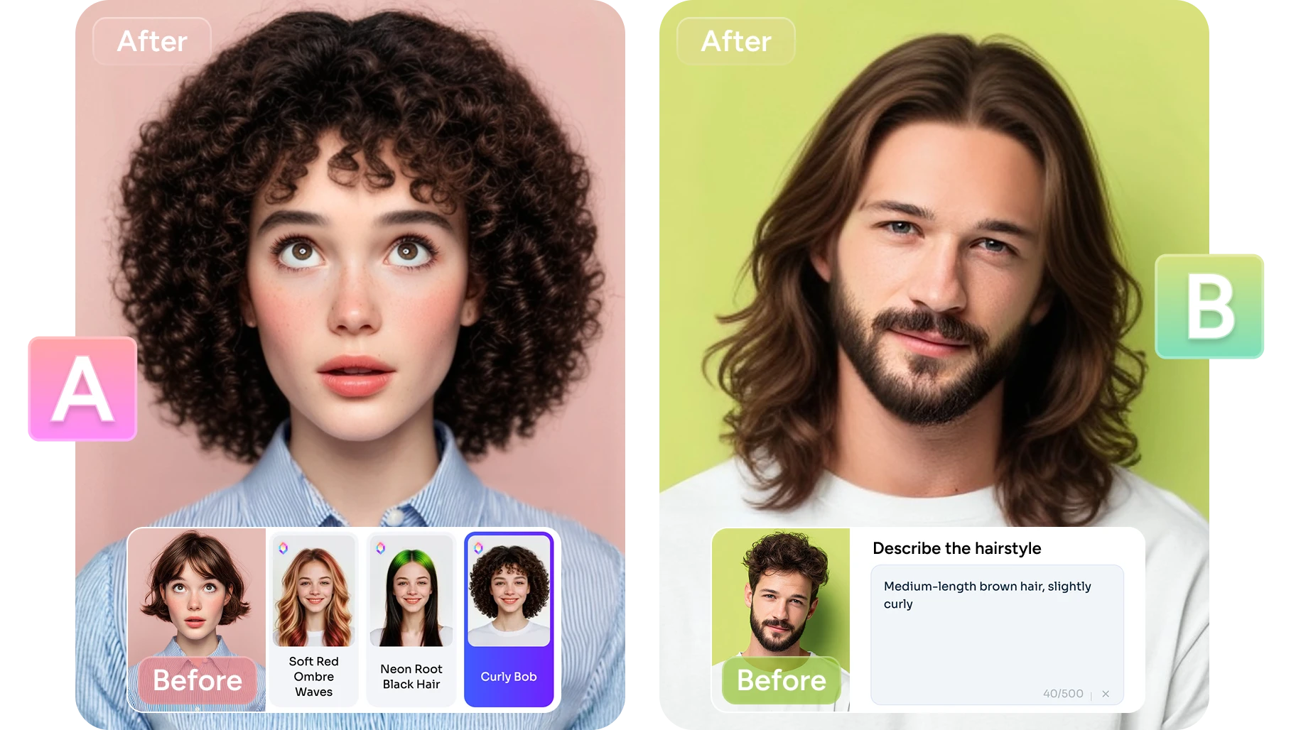 before and after comparison of changing the girl's blue turtleneck sweater into a strapless dress in aiease hair style changer